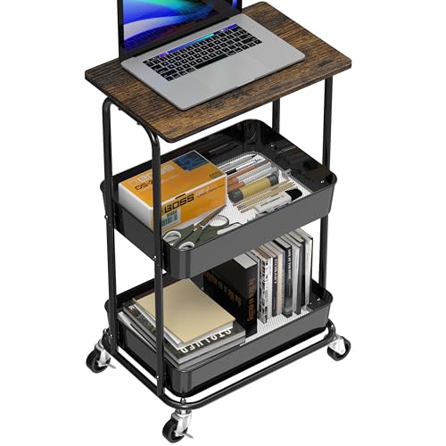 Simple Houseware 2-Tier Rolling Utility Cart with Lockable Wheels and Wood Top, Metal Storage Organizer Trolley for Kitchen, Bathroom, Office, Craft Room, Rustic Brown - color: Rustic Brown