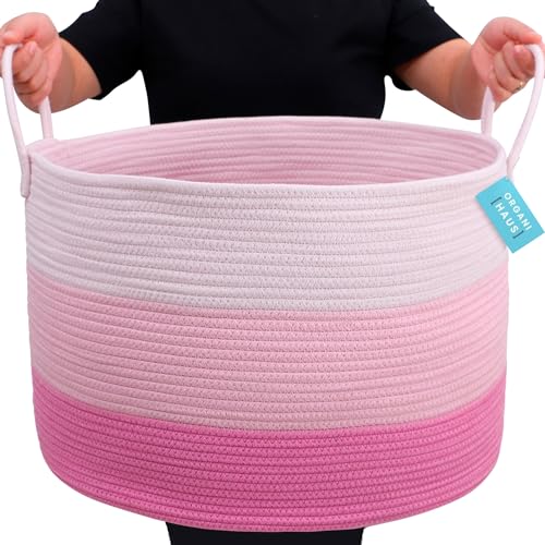 OrganiHaus Large Woven Storage Basket for Blankets and Toys 20" x 13" Inch, Rope Laundry Basket with Handles, Cushions & Pillows Storage Bin, Nursery Hamper, Soft Round Dog Toy Bin - Pink - color: 3-toned Pink, size: Wide