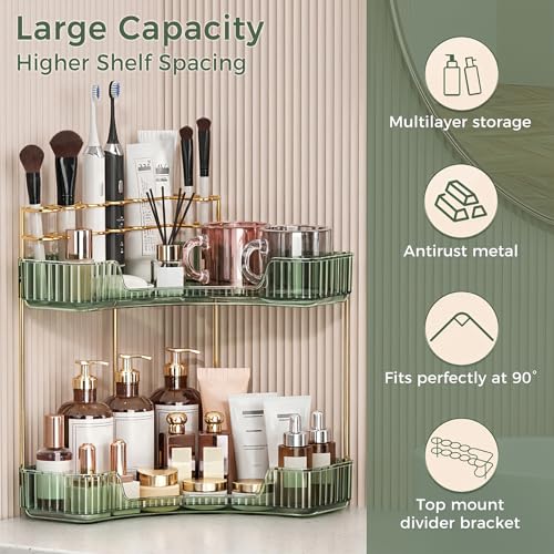 BEFSOP Corner Bathroom Counter Organizer, Upgraded 2-Tier Makeup Organizer Countertop with Makeup Brush Holder, Skincare Exquisite Vanity Organizers Countertop Bathroom Storage Dresser(Green) - color: Green, size: 2 Tier