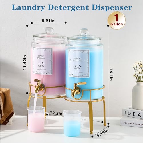 Glass Laundry Detergent Dispenser- 1 Gallon Glass Fabric Softener Dispenser with Leak-Proof Stainless Steel Faucet & Stand. Large Laundry Soap Container for Washer Room Organization &Storage