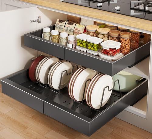 Seinloes 2 Pack Pull out Cabinet Organizer 21"Deep With Raising Pad for Framed Cabinets, Expandable Slide out Drawers for Kitchen Cabinets with 4pcs Divider Racks, Roll out Shelves 12.1"-20.4" W Black - color: Black, size: 12.1"-20.4"W x 21"D(2Pack)