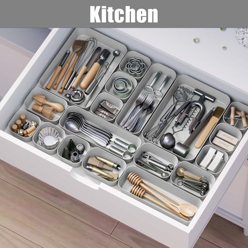 18 pcs Desk Drawer Organizer Tray, Multiple Sizes Plastic Drawer Organizer Storage, Stackable Organizer Containers For Makeup, Bedroom, Kitchen Gadgets Utensils and Office - color: Gray, size: 18pcs