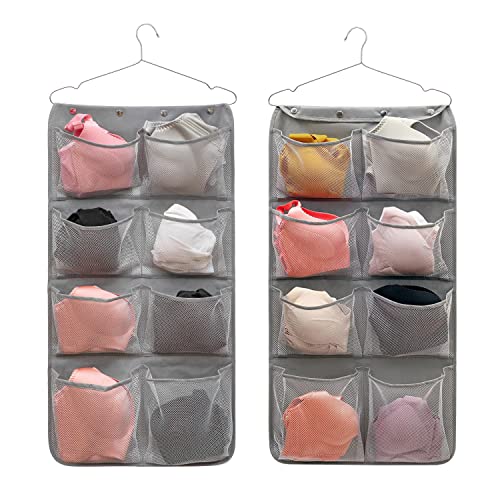 Dual Sided Hanging Closet Organizer Durable Socks Stocking Clothes Bra Accessories Storage Bag With 16 Large Pockets (Nylon Mesh Pockets)