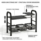 Under Sink Organizers and Storage, 2 Tier 20.9"-34.6" Expandable Length with 3 Removable Baskets and 3 Removable Panels Expandable Shelf for Cupboard,Kitchen,Bathroom, Black