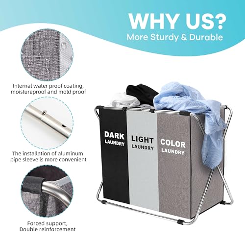 150L Laundry Cloth Hamper Sorter Basket Bin Foldable 3 Sections with stainless steel Frame Washing Storage Dirty Clothes Bag for Bathroom Bedroom Home Storage Basket (Black+Gray+Coffee) - color: Black+Gray+Coffee, size: 3 Sections