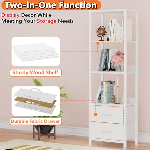 Furnulem 4-Tier Corner Shelf, Bookshelf with 2 Storage Drawers, 57.28”Tall Narrow Bookcase, Standing Shelf Organizer Unit for Living Room, Bedroom, Metal Frame, Wood Display Shelf - color: White, size: 4 Tier