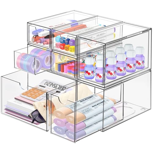 Desk Organizer with 7 Drawers, FODIENS 7 Packs Acrylic Stackable Desktop Storage Drawers Makeup Organizer, Clear Craft Storage Box Cabinets for Office Vanity Countertop Bathroom Bedroom - size: 7 Drawers
