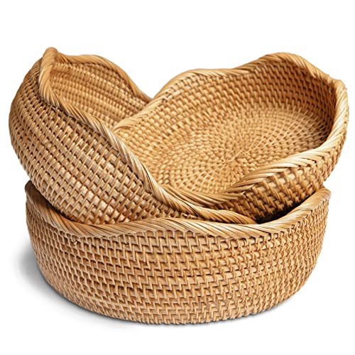 HITOMEN Handmade Rattan Bread Baskets Round Wicker Fruit Serving Storage Bowls, Natural Woven Decorative Kitchen Counter Organizing (Honey Brown) Set of 3 - size: Set (Small, Medium, Large)
