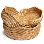 HITOMEN Handmade Rattan Bread Baskets Round Wicker Fruit Serving Storage Bowls, Natural Woven Decorative Kitchen Counter Organizing (Honey Brown) Set of 3 - size: Set (Small, Medium, Large)