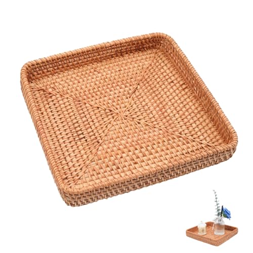 8 Inch Square Rattan Basket Handwoven Serving Tray Storage Blasket Decorative Tray for Home Decor, 8.3"x8.3" - color: Basic, size: 8.3" x 8.3" x 1.6"