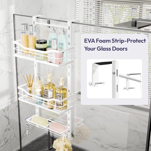 SWTYMIKI Over the Door Shower Caddy - 3 Tier Adjustable Shower Organizer Hanging with Soap Holder, No Drilling Stainless Steel Bathroom Hanging Caddy for Body Wash, Shampoo, Soap, Razor, White - color: White-3 Tier