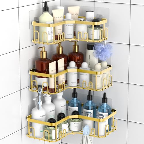 Menbyci 3 Pack Corner Shower Caddy, Adhesive Bathroom Shelves with 18 Hooks, Drill-Free & Quick-Dry Shower Organizer with Large Capacity, Rustproof Stainless Steel Bathroom Corner Storage Rack, Gold - color: Gold, size: 3 packs