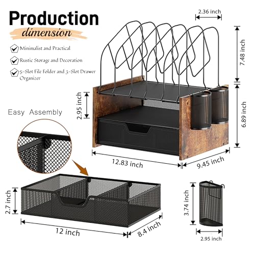 Wood Desk Organizer - 2-Tier Desktop File Organizer with Drawer with Vertical File Holder, Wooden Paper Tray, Office Desk Organzier and Accessories for Papers, Mail, Notebooks, Stationery - size: 2 Tier Drawer with Vertical File Holder