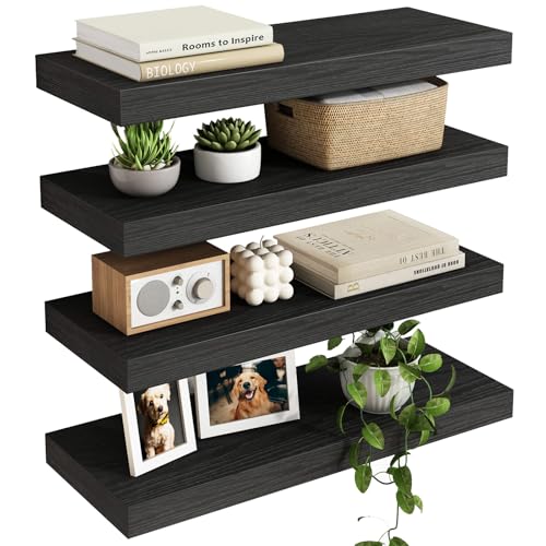 Fixwal Black Floating Shelves for Wall, Rustic Wood Shelves for Bathroom, Living Room, Bedroom and Kitchen, Wall Shelves for Storage, Books, Room Decor (Set of 4, 15.8 Inch) - color: Black