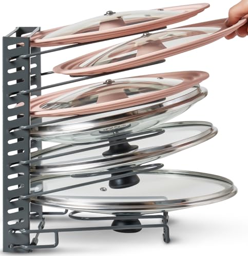 Free-Standing Adjustable Pot Lid Organizer for Cabinet - Kitchen Storage Rack 6 Adjustable Shelves, Pot Lid Holder, Pan and Pot Rack Organizer, Pantry & Inside Cabinet Organizer (13” Clearance) - color: Dark Grey