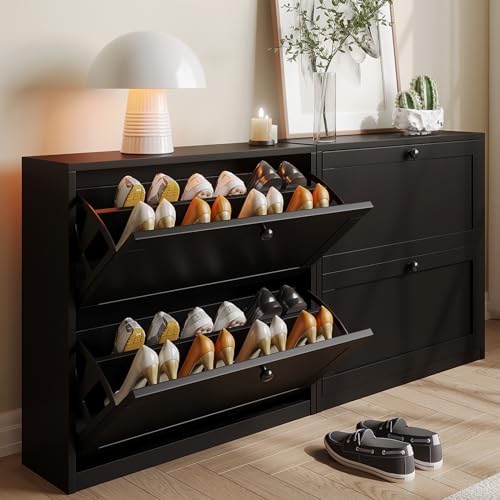 VOWNER Shoe Cabinet with 2 Flip Drawers, Freestanding Shoe Storage Cabinet with Adjustable Shelf & Anti-Tipping Device, Shoe Rack for Entryway, Hallway, Living Room (Black) - color: Black
