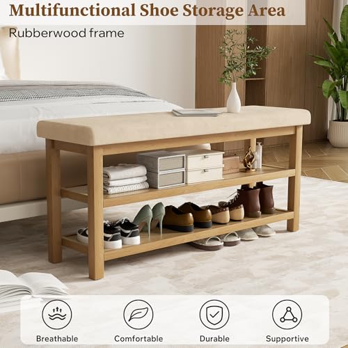 2 Tier Shoe Rack Bench with Cushion, Rubberwood Shoe Benches, Mid-Century Modern Shoe Storage Bench for Entryway, Hallway, Living Room, Closet, Front Door Entrance, Light Brown - color: Light Brown