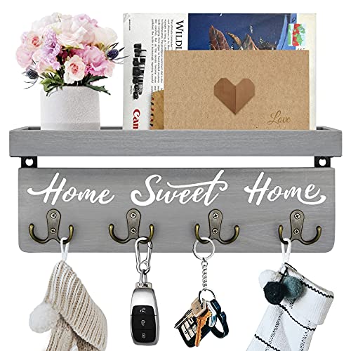 buways Key Holder Wall Mount with 4 Double Hooks-Solid Wood Wall-Mounted Organizer for Keys&Mail Rustic Key Rack Hanger Holder Home Decor for Entryway Living Room (Gray) - color: Gray
