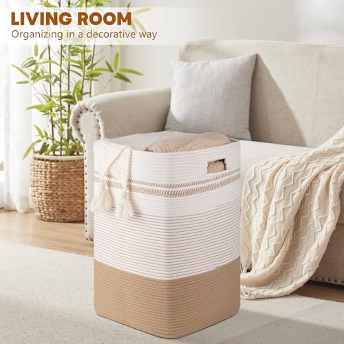 96L Extra Large Cotton Rope Laundry Basket for Bedroom & Laundry Room, Tall Clothes Hamper with Sturdy Handles, Neutral Storage Bin Capable of Holding Blankets and Toys - color: Jute & White, size: 96L