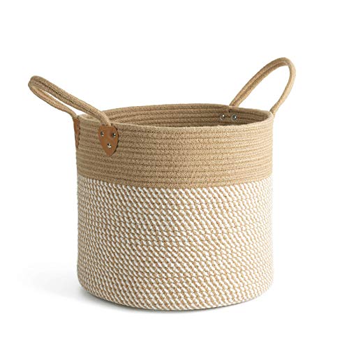 CHICVITA Large Wicker Jute Woven Storage Basket with Handles – Blanket Laundry Basket for Toys Towels Home Decor, White, 14" x 14" x 12" - color: White, size: 14"W x 12"H