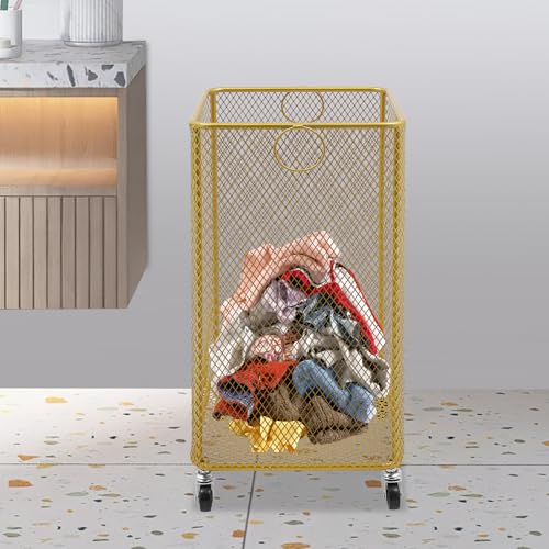 Metal Laundry Storage Cart - Square, Mesh Wire Rolling Laundry Hamper with Wheels & Ring Handles, Clothes or Linen Storage Organizer Hamper Bin Laundry Basket, 12"L x 12"W x 22"H, Gold - color: Gold, size: Square - 12"W