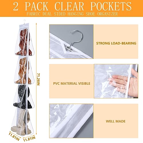Windyun Sets 16 Large Clear Pockets Fabric Dual Sided Hanging Shoe Rack for Closets Hanging Shoe Organizer with Rotating Hanger Boot Organizer for Storage Men's and Woman's Boots(White) - color: White