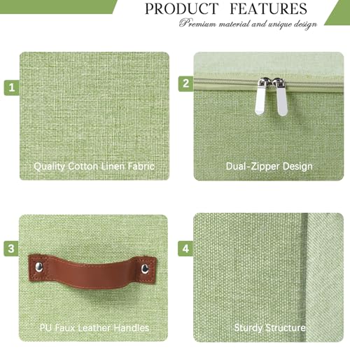 Storage Bins with Zipper Lid Foldable Fabric Lidded Storage Boxes Baskets Cubes Washable Collapsible PU Leather Handle Cotton Linen Fabric Shelf Closet Organizer Container(Green, Large Size) - color: Green, size: Large ( Set of 1 )