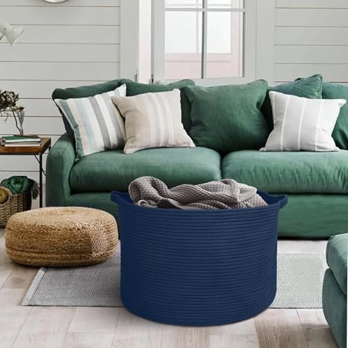 MEGASKET Dark Blue Basket for Organizing, 22" x 14" Extra Large Woven Cotton Rope Laundry Basket, Blanket Storage for Living Room Bedroom, Big Nursery Kids Toy Box Organizer, Pool Towel Storage Bin - color: Dark Blue, size: 22"x22"x14"