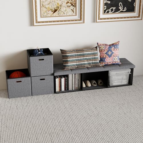 43''W Storage Ottoman Bench with 3 Drawers, Folding Ottoman Foot Rest with Storage, baul para habitacion, Entryway Bench, End of Bed Bench, Grey - size: 14.5"D x 43.3"W x 15"H