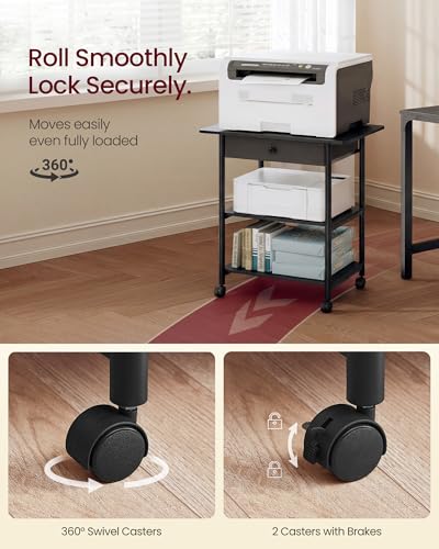 VASAGLE Printer Stand with Locking Wheels, Industrial Mobile Cart, Under Desk Printer Table for Home Office, 23.6 x 15.7 x 27.6 Inches, 2 Storage Shelves, Drawer, 3-Tier, Ebony Black - color: Ebony Black, size: 3 Tiers with Drawer