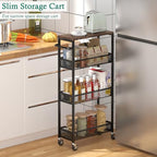 XYZLVSI Slim Storage Cart 4 Tier Narrow Kitchen Rolling Cart on Wheels for Small Space, Mobile Utility Cart Shelving Unit with Wooden Top and Metal Handle for Kitchen, Bathroom, Laundry Room - size: 16.7"Dx7.1"Wx34"H