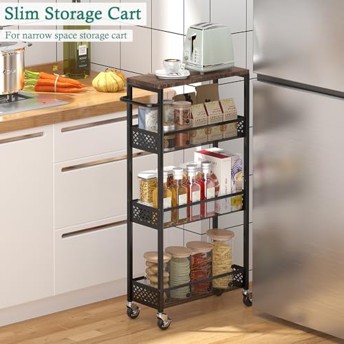 XYZLVSI Slim Storage Cart 4 Tier Narrow Kitchen Rolling Cart on Wheels for Small Space, Mobile Utility Cart Shelving Unit with Wooden Top and Metal Handle for Kitchen, Bathroom, Laundry Room - size: 16.7"Dx7.1"Wx34"H