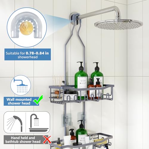 Shower Caddy, Upgraded Extended Length Shower Caddy Over Showerhead No Blocking to Showerhead, Rustproof Bathroom Organizers and Storage with Hooks Shampoo Soap Holder, Large Hanging Caddy - color: Grey - 2 Tier - Standard