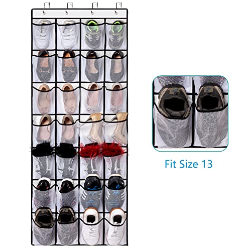 REGELETO 2 Pack 28 Pocket Over the Door Shoe Organizer, Hanging Shoe Rack for Door Large Capacity Shoe Organizer Holder with 4 Metal Hooks (White-2Pack) - color: white-2pack of 28