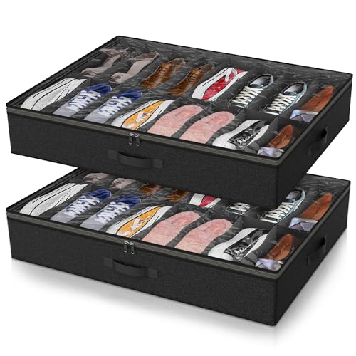 Under Bed Shoe Storage Organizer for Closet, 32 Pairs Sturdy Underbed Shoe Storage Boxes Bins Container Foldable Shoes Storage with Reinforced Handles & Clear Window for College Dorms Black, Set of 2 - color: Black