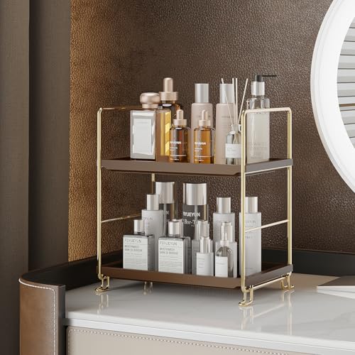 FSyueyun 2-Tier Bathroom Countertop Organizer,Bathroom Organizers and Storage with Tool-Less Installation, Premium Plastics for Makeup, Perfume, Skincare on Dresser Vanity Tray (Gold & Brown) - color: Gold & Brown
