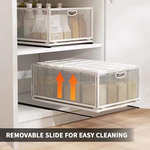 Sliding Cabinet Basket Organizer Drawer Self Adhesive Slide out Pantry Shelves Heavy Duty Carbon Steel Slide Cabinet Storage Basket with Handle for Bathroom Kitchen Home - size: Medium