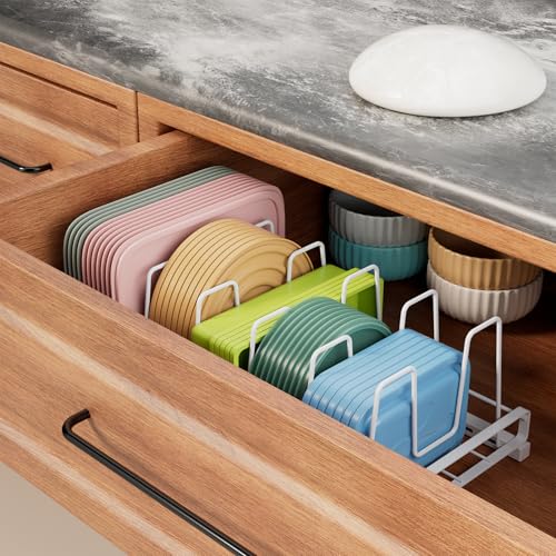 Food Container Lid Organizer, Adjustable 6 Dividers Full-Metal Pot and Pan Organizer Rack for Kitchen Cabinets, Drawers, Cupboards, Pantry Shelves Storage, White - color: White,14",6 Dividers