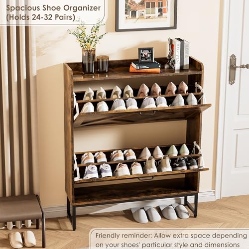 Nicetree Shoe Cabinet Organizer with 2 Flip Drawers, Freestanding Narrow Rack with Metal Legs, Farmhouse Slim Shoe Storage for Entryway, Foyer, Hallway, Rustic Brown - color: Rustic Brown, style: 2-Drawers