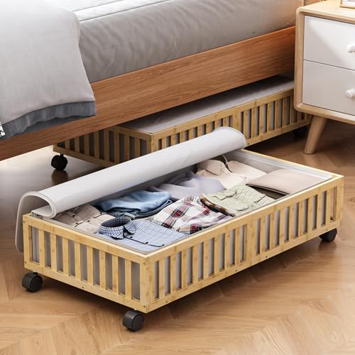 Bamboo Under Bed Storage Containers with Wheels, 2 Pack Large Under the Bed Shoe Storage Bins, Wood Rolling Underbed Drawers Organizer for Bedroom Closet Clothes Blanket Under Crib Toy Nature - color: Nature, size: 2 PCS (33.07"×16.54")
