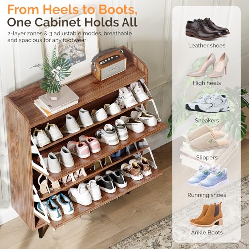 VINGLI Shoe Storage Cabinet for Entryway with 2 Flip Drawers, Ultra Slim Freestanding Entryway Shoe Organizer with Wood Tapered Legs,Hidden Closed Shoe Rack,31.6" W * 9.4" D * 39.4" H, Walnut - color: Walnut, size: 31.5"W 2 Drawers