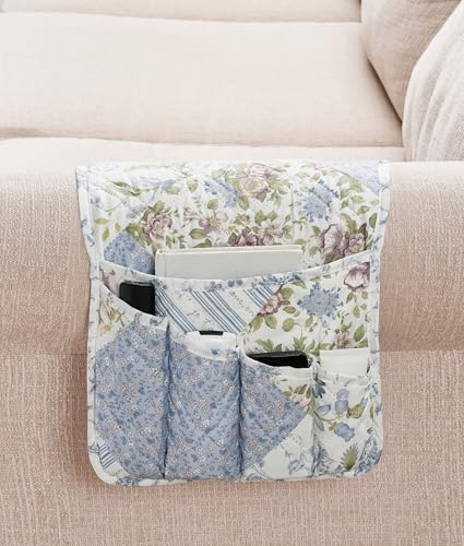 Brilliant Sunshine Blue Rose Patchwork Couch Armrest 5 Pockets Organizer, Slip Resistant Recliner Armchair Caddy, Washable Remote Controls Holder, Storage for Magazine, Tablet, Phone, iPad, Blue Rose - color: Blue Rose