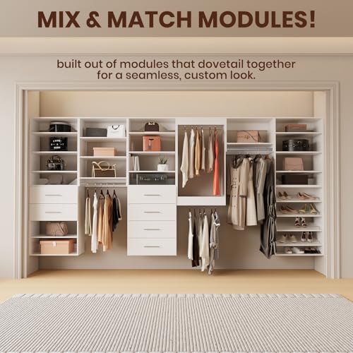 ROOMTEC Modular Closet System, 25.5" 4 Drawer Shelf Closet Tower Wall-Mounted Closet Organizer, Wooden Tower for Walk-In Closets, Wardrobe Storage Kit, White - size: 25.5" Wide, style: Model 8