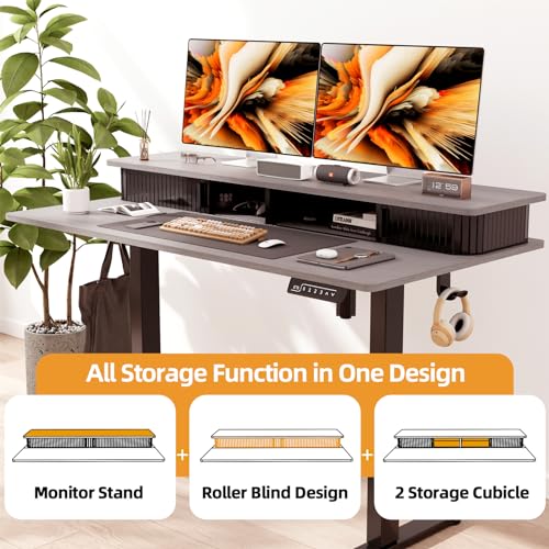 JOY worker Height Adjustable Electric Standing Desk with Storage Shelves, 48 Inch Table with Built-in Monitor Stand, Sit Stand Desk with 2 Hooks for Home Office, Grey Desktop & Black Frame - color: Grey, size: 48inch