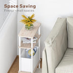 Narrow Side Table with Fabric Basket, End Table for Small Spaces, Slim Nightstand with 3-Tier Storage Shelf, Sofa Beside Table, for Living Room, Bed Room, Natrual Oak - color: Natrual Oak