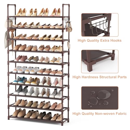 VTRIN 10 Tiers Shoe Rack Tall Large Capacity Wide Shoe Organizer Sturdy Shoe Shelf for Entryway with Two Hooks Metal Shoe Storage for Closet, Bedroom, Brown - color: Brown, size: 32.3" Wide - 10 Tier