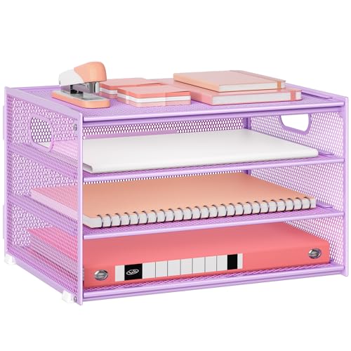 Lavatino 3-Tier Letter Tray Desk Organizer, Mesh Paper File Tray Organizer for Desk, Office Supplies & Home Organization, Fits A4 Paper, Mail, Magazines & Office Accessories (Purple with Handle) - color: 4-tier With Handle - Purple
