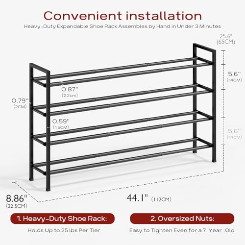 Bumusty 4-Tier Long Expandable Shoe Rack for Closet, 18"-44" Adjustable Shoe Rack for Entryway, 20-24 Pairs Large Shoe Organizer Shelf Storage, Sturdy Metal, Black - color: Black, size: 4-Tier