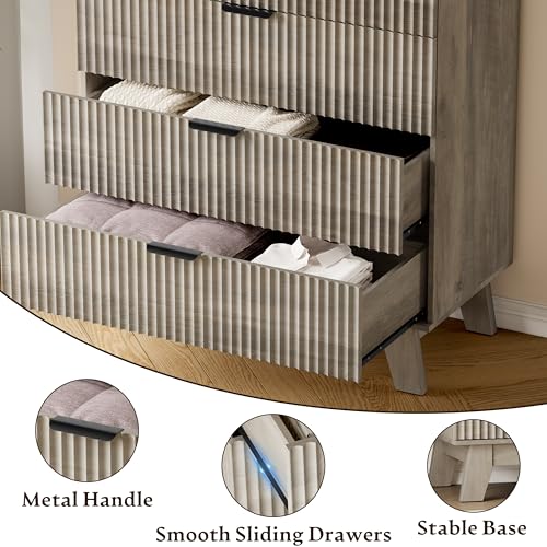 BORNOON 39" Tall Dresser for Bedroom, 4-Drawer Fluted Chest of Drawers, Modern Wood Highboy with Deep Storage, Metal Slides & Handles, Anti-Tip Kit, Vertical Clothes Organizer for Apartment, Nursery - color: Rustic Drift, size: Tall 4-Drawer