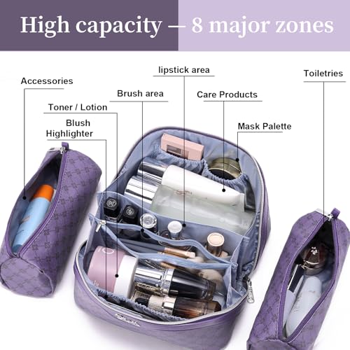 BOYATU Travel Makeup Bag Cosmetic Bags for Women: 3 Pcs Set Large Capacity Make up Bag with Handle - Vegan Leather Toiletry Bags with Compartments - Makeup Organizer for Travel Essentials(A-9-Purple) - color: A-9-Purple